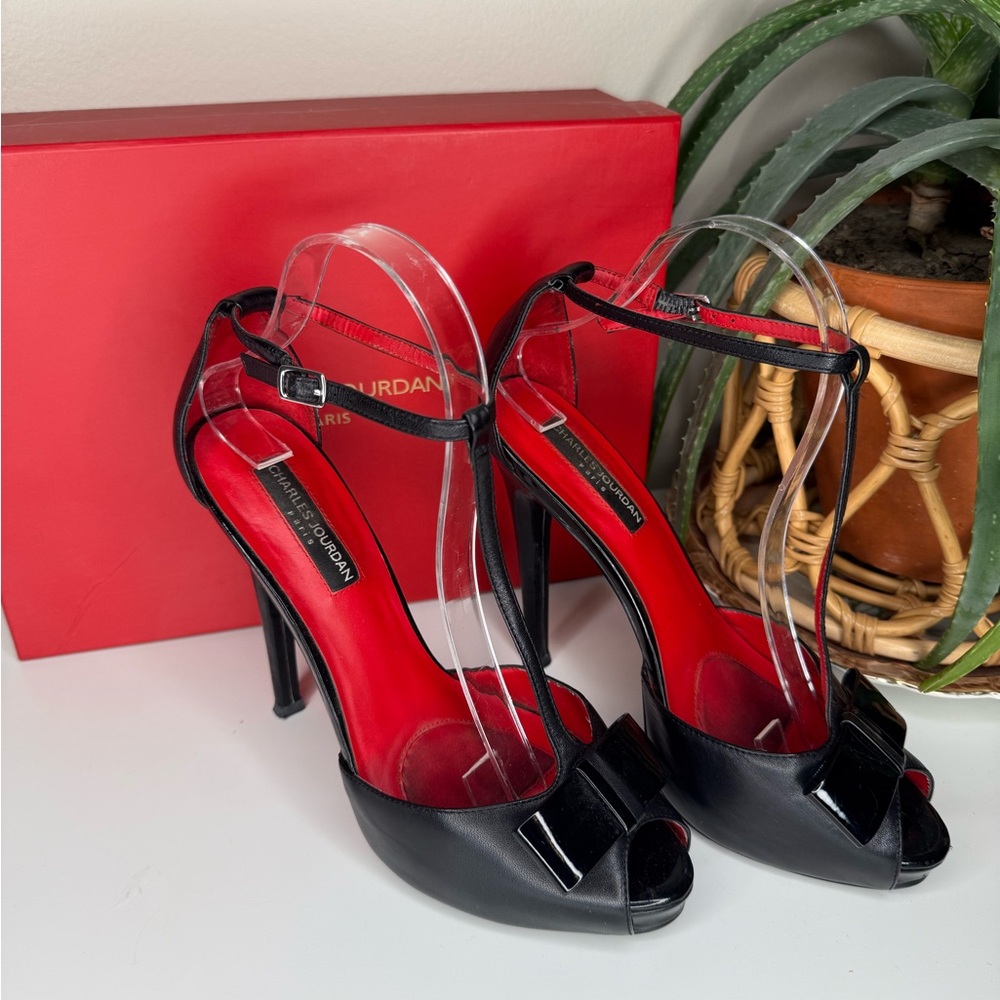 Charles Jourdan Paris Black Leather Ankle Strap Peep Toe Heels Bow Detail 8.5M